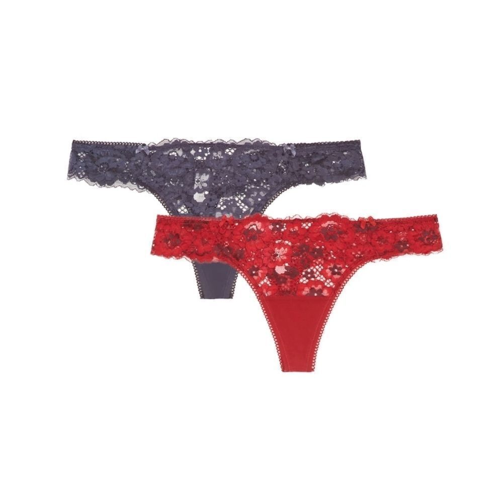 Nwt Womans Sexy Adored By Adore Me 2 Pk Chelsey Lace Thong Red&Navy Blue